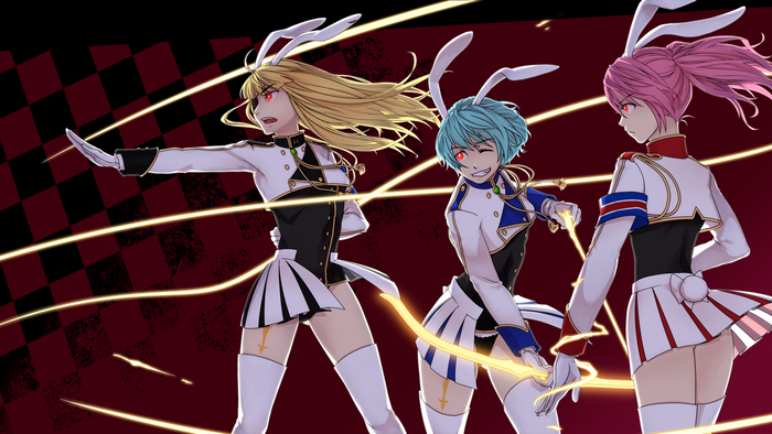 Three Umineko no Naku Koro ni characters with bunny ears