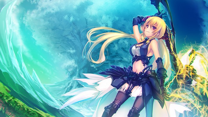 Anime girl with blonde twintails and purple eyes