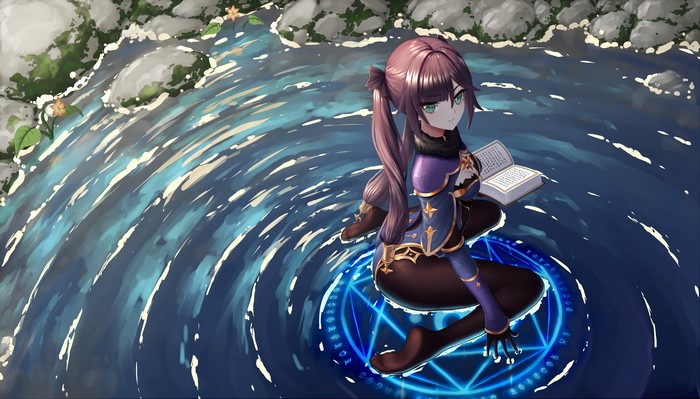 Mona from Genshin Impact reading a book on water