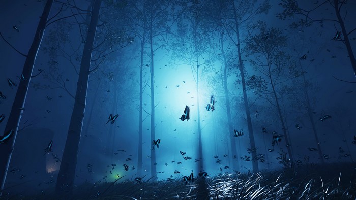 Butterflies in a moonlit forest from Ghost of Tsushima