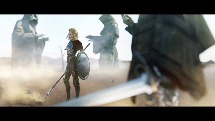 Armored warrior with spear and shield in a desert landscape