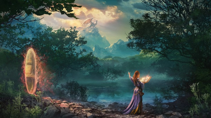 Fantasy landscape with a wizard, portal, and dragon