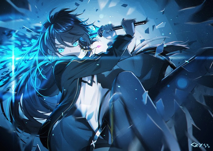 Anime girl with sword and blue eyes