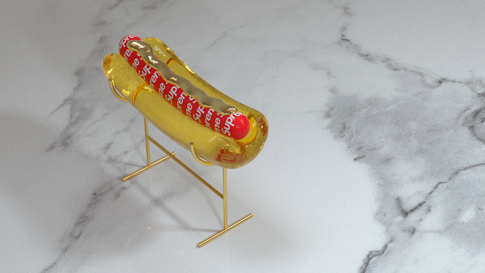 Supreme hot dog in glass on stand