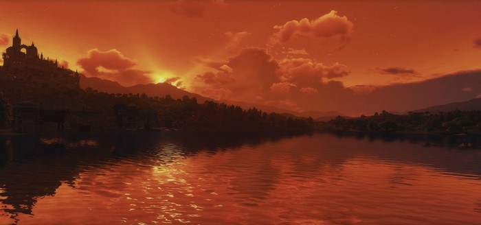Sunset over a lake with a castle in The Witcher 3: Wild Hunt
