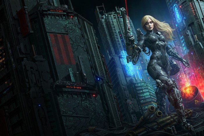 Blonde cyborg woman with gun in futuristic city