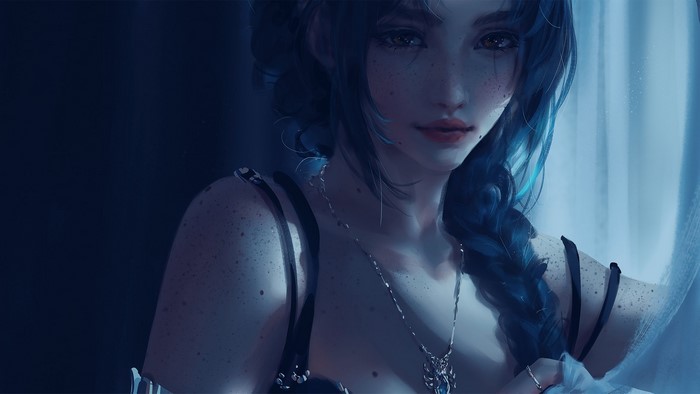 Artwork of a woman with blue hair