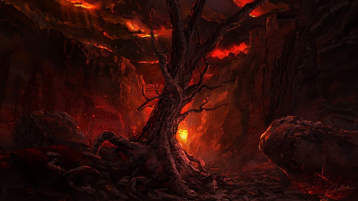 Hellscape with dead tree and lava