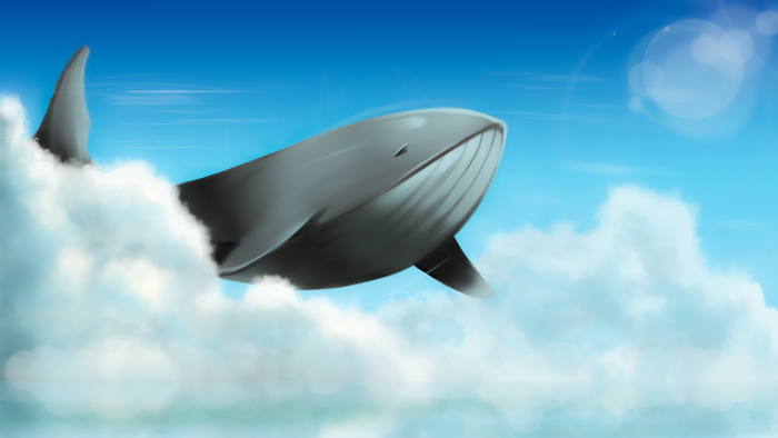 Whale swimming through clouds in a blue sky