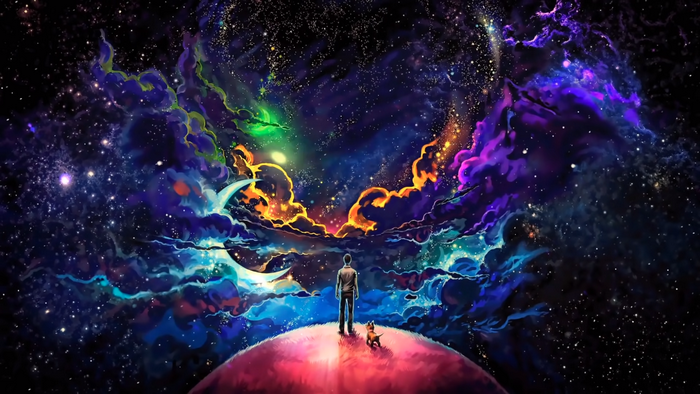 Man and dog on a planet in a colorful galaxy