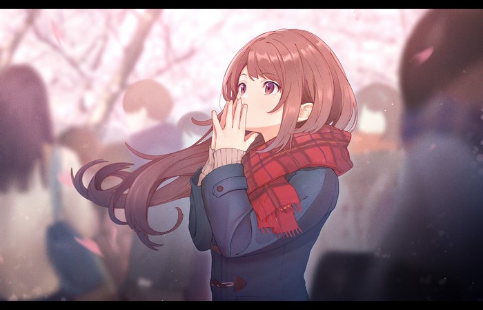 Anime girl with long brown hair and red scarf