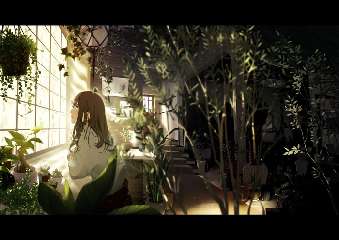 Anime girl with long hair by the window with plants