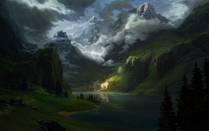 4K Landscape Artwork of Mountains and Lake