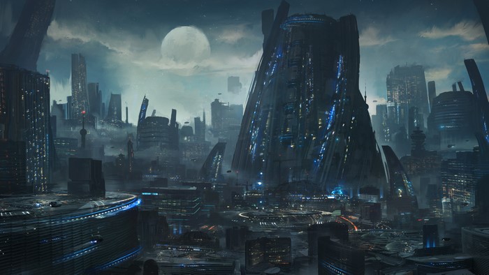 Futuristic Cityscape with Moon by Leon Tukker