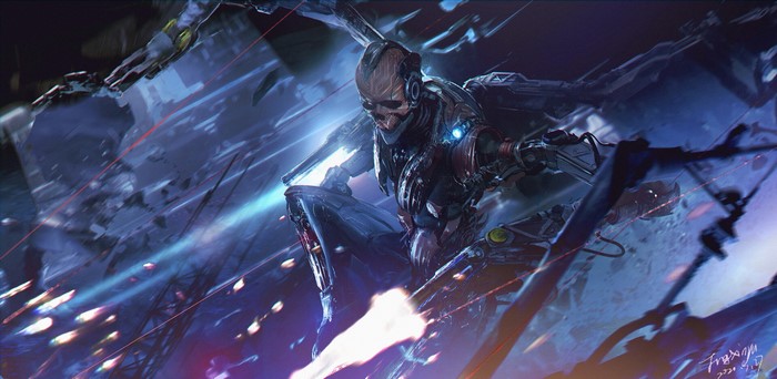 Sci-fi horror robot with skull face in battle