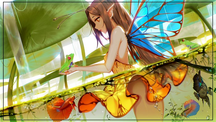 Anime fairy girl with butterfly wings holding a frog