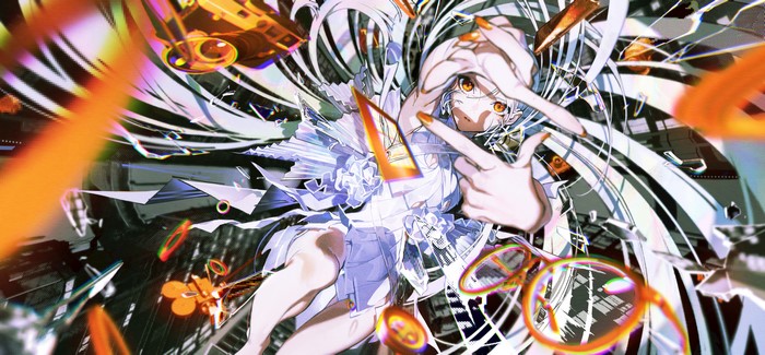 Anime girl with white hair and yellow eyes, polychromatic effects