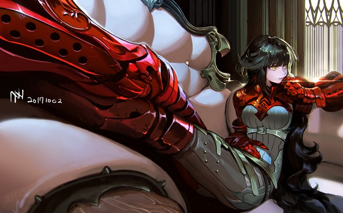 Anime girl with black hair and yellow eyes in armor