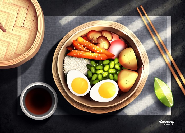Digital art of a ramen meal in a bamboo steamer