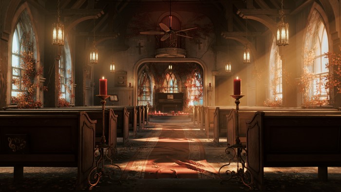 Abandoned church interior with sun rays and candles