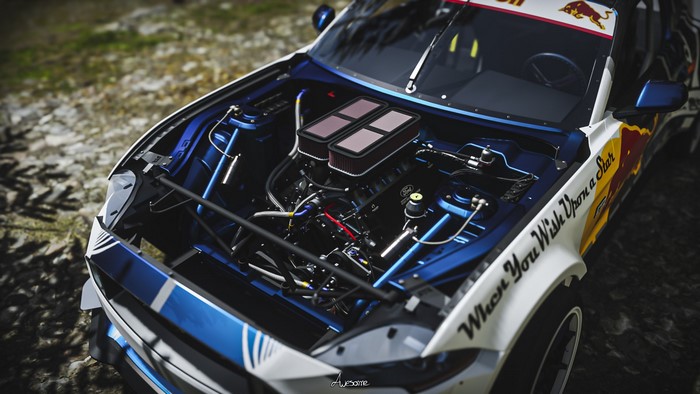 Ford Mustang RTR with Red Bull livery, engine exposed