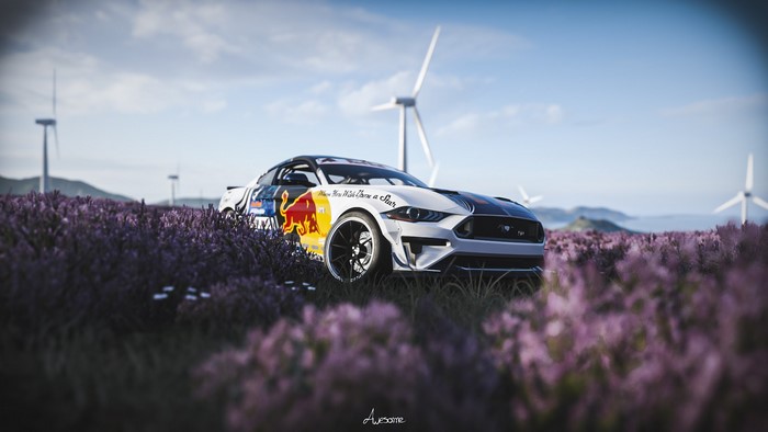 Ford Mustang RTR with Red Bull livery in a field