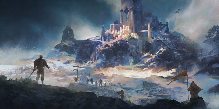 Fantasy art of a king overlooking a ruined castle