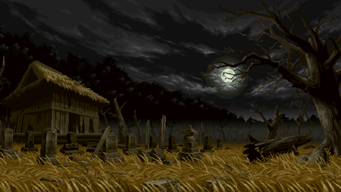 Pixel art graveyard with a cabin at night