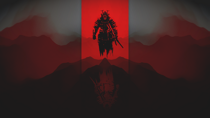 Samurai silhouette against red and grey mountains
