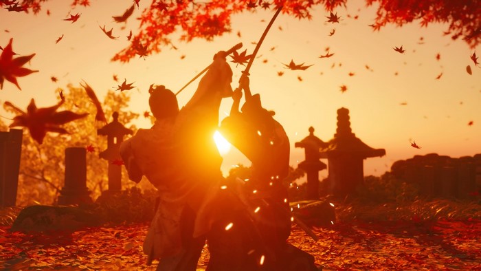 Samurai fighting in Ghost of Tsushima during sunset