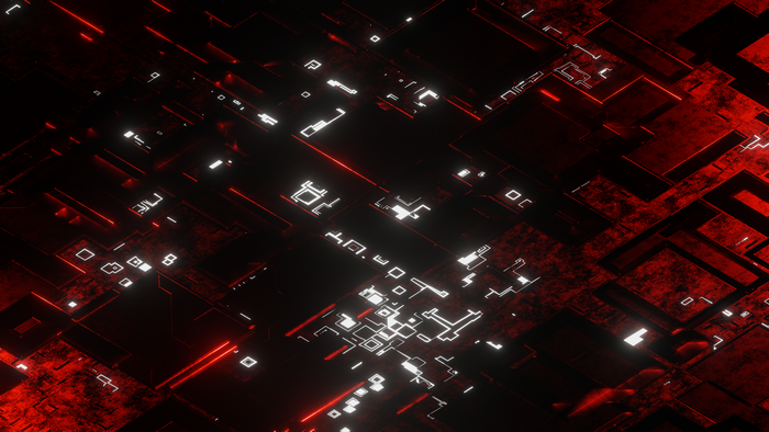 3D Abstract Red Circuit Board with Glowing Lines