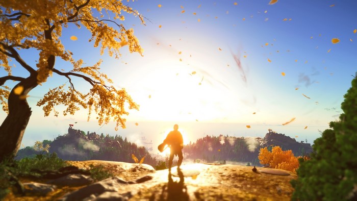 Samurai from Ghost of Tsushima with falling leaves