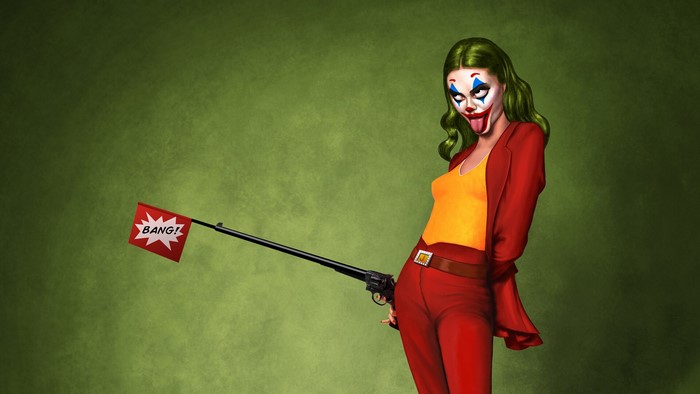 Woman dressed as Joker with a novelty gun