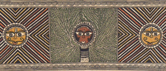 Painting of faces and tree with patterns