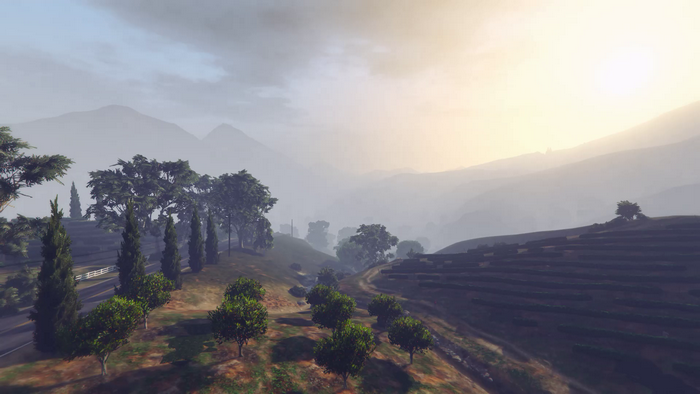 GTA Online: Sunrise over Tongva Hills with Mount Chiliad