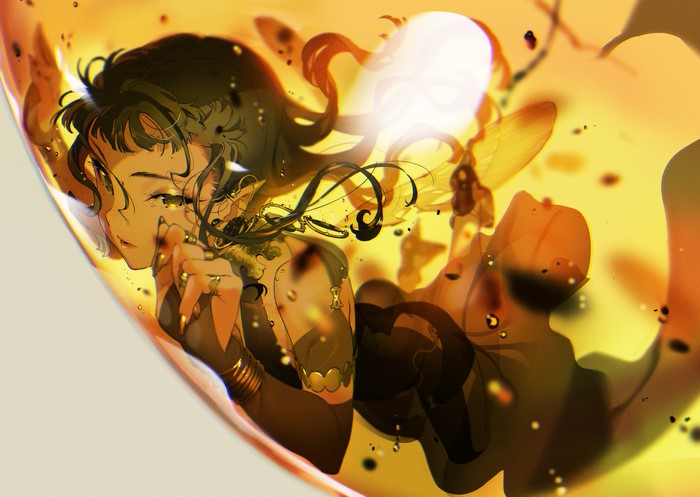Anime girl with fairy wings in amber