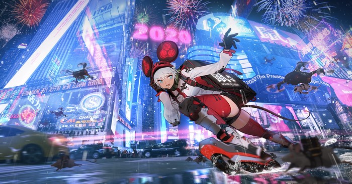 Anime girl with mouse ears on roller skates in a futuristic city at night