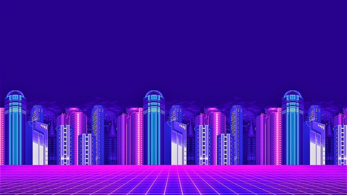 Pixelated Cityscape with Neon Grid Floor
