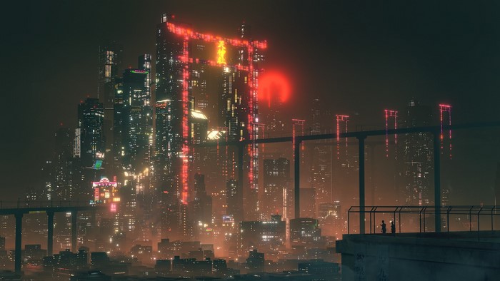 Cyberpunk city with torii gate and bridge at night
