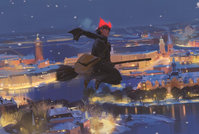 Witch flying over a snowy city at night