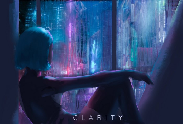 Woman with blue hair looking out a rainy window