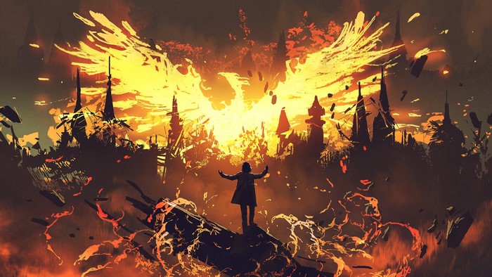 Phoenix rising from burning city with person