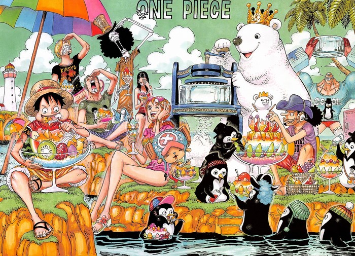 One Piece characters eating fruit and cake with penguins and a polar bear