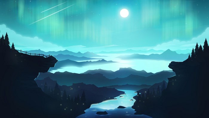 4K Blue Vector Landscape with Northern Lights