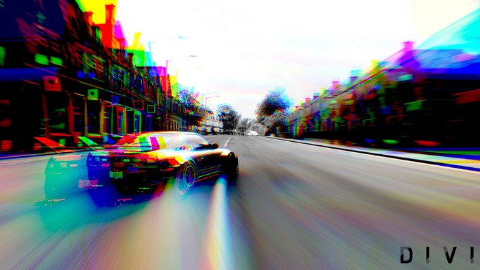 Nissan 240SX drifting on a street with chromatic aberration