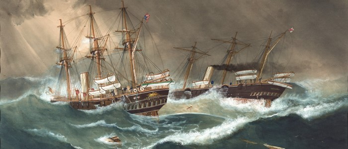 Two sailing ships in a stormy sea, watercolor painting