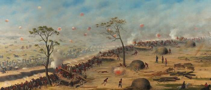 Battle scene with soldiers and cannons