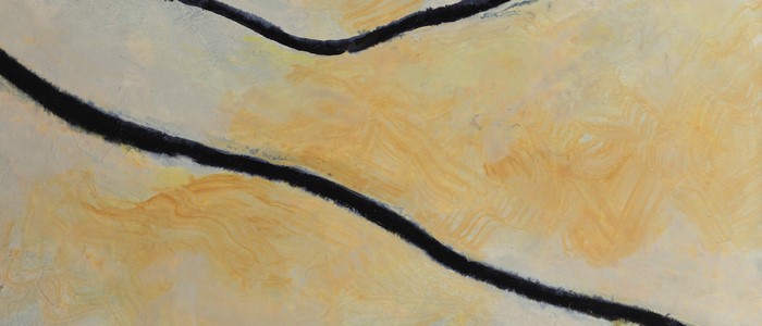 Abstract painting with black lines on yellow and white background