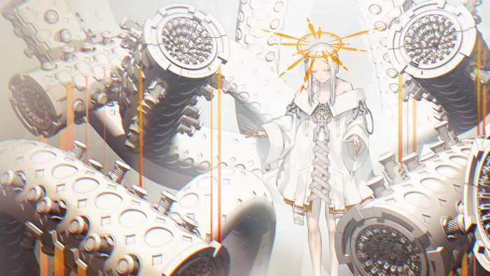 Anime girl with white hair and halo among robots