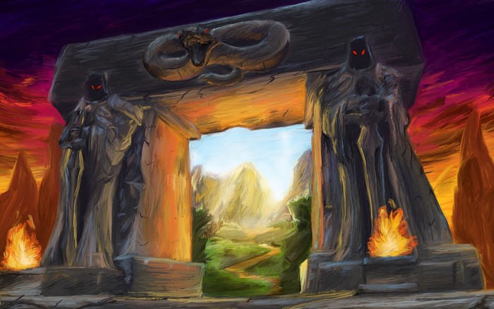 Fantasy art portal with snake carving and fiery statues